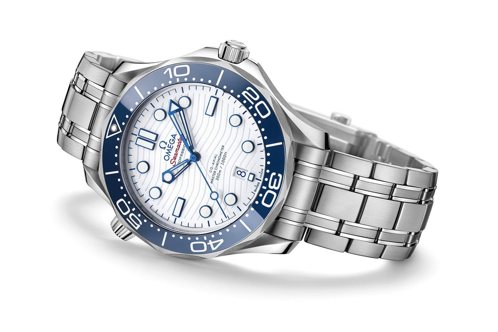 Omega Seamaster Diver 300M 42mm Master Quality Watch – White Dial, Blue Bezel & Stainless Steel Bracelet