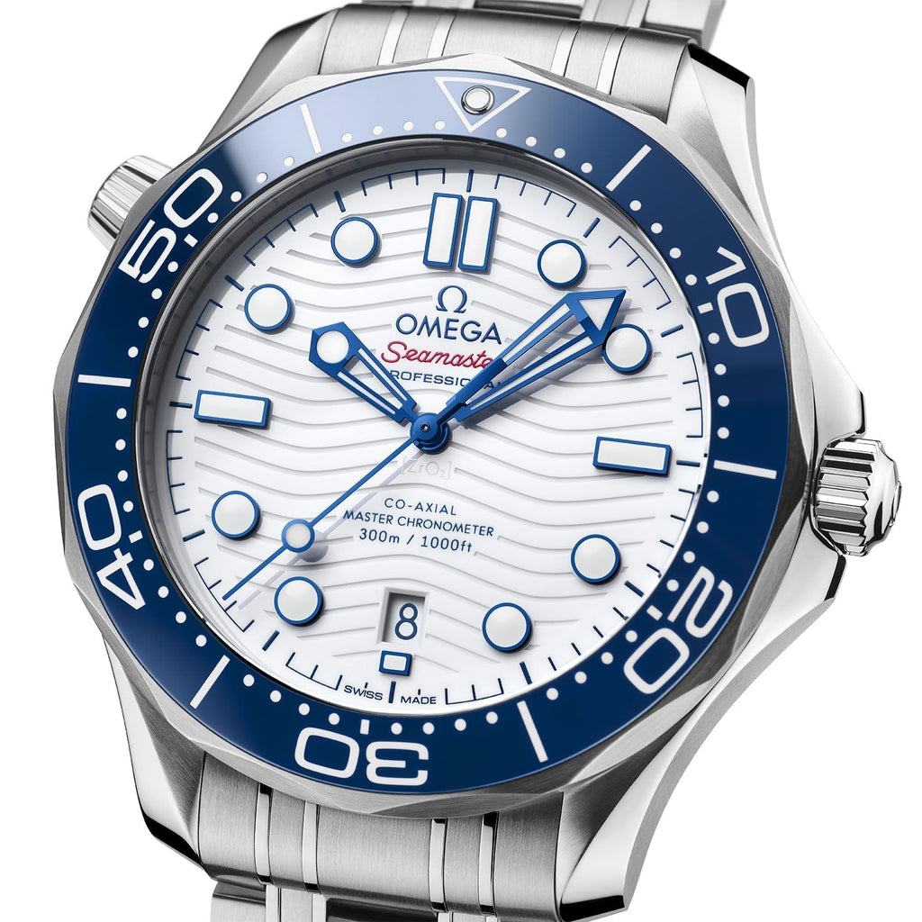Omega Seamaster Diver 300M 42mm Master Quality Watch – White Dial, Blue Bezel & Stainless Steel Bracelet