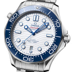 Omega Seamaster Diver 300M 42mm Master Quality Watch – White Dial, Blue Bezel & Stainless Steel Bracelet