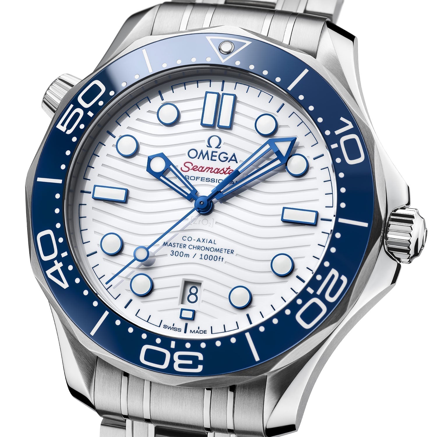 Omega Seamaster Diver 300M 42mm Master Quality Watch – White Dial, Blue Bezel & Stainless Steel Bracelet