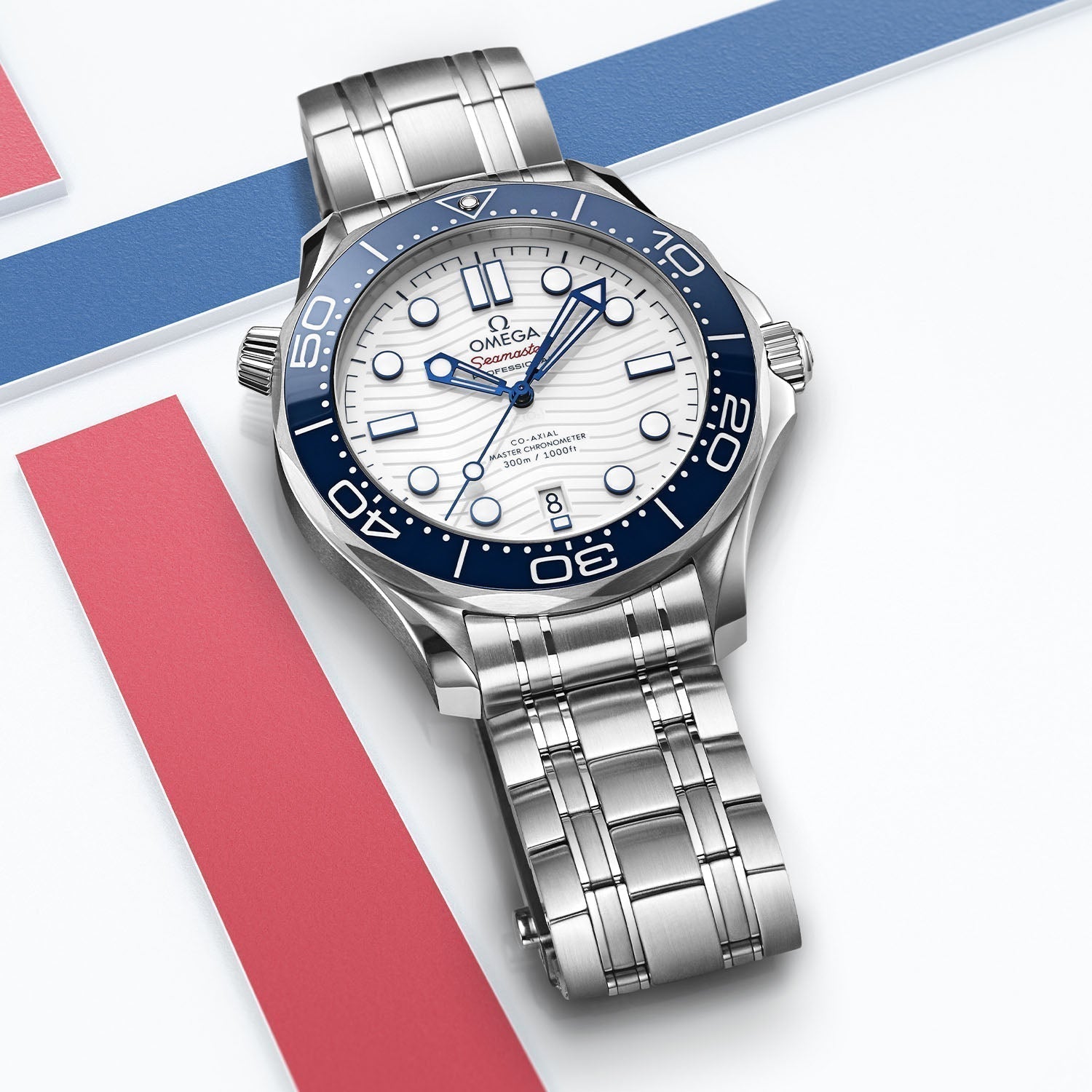 Omega Seamaster Diver 300M 42mm Master Quality Watch – White Dial, Blue Bezel & Stainless Steel Bracelet