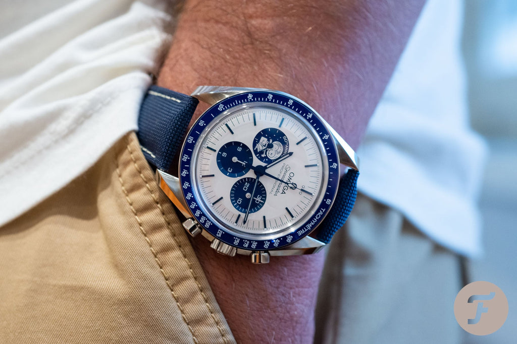Omega Speedmaster “Silver Snoopy Award” 50th Anniversary Master Quality Watch – White Dial & Navy Leather Strap