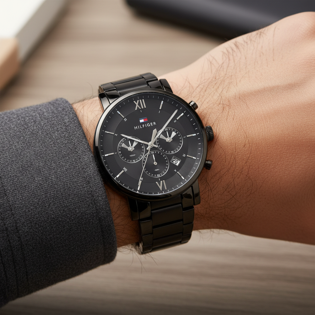 Tommy Hilfiger Evan 1710410 44mm Men's Multi-Function Watch – Black & Black Stainless Steel Bracelet