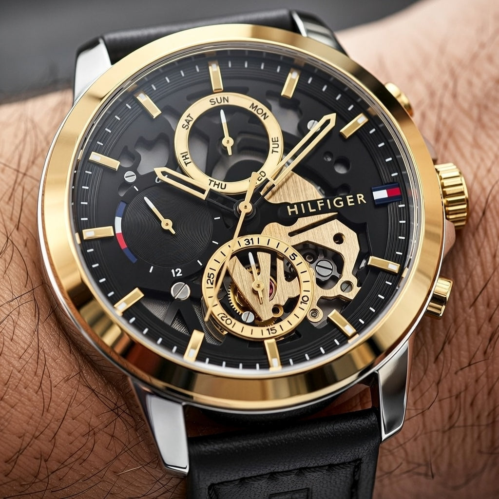 Tommy Hilfiger Henry 1710474 44mm Men's Multi-Function Watch – Black Skeleton & Black Genuine Leather Strap