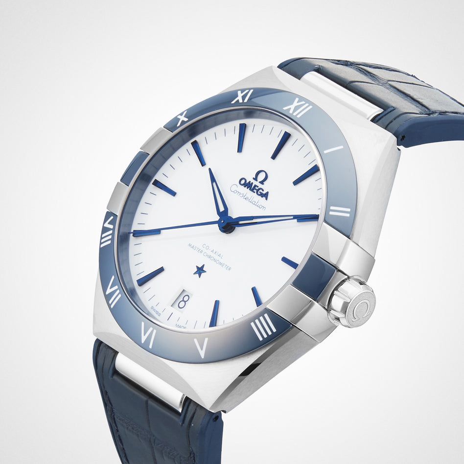 Omega Constellation 41mm Master Quality Watch – White Dial, Blue Ceramic Bezel & Blue Leather Strap