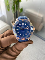 Omega Seamaster Diver 300M 42mm Master Quality Watch – Blue Dial, Rose Gold-Tone Bezel & Blue Rubber Strap