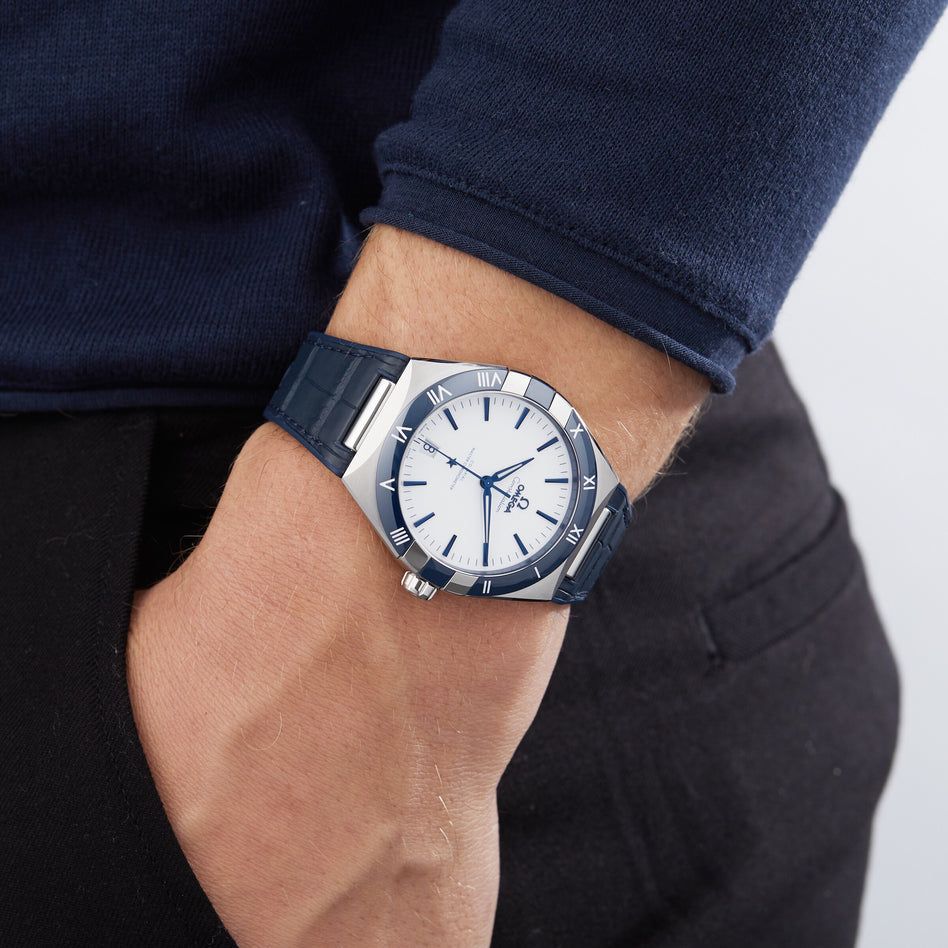Omega Constellation 41mm Master Quality Watch – White Dial, Blue Ceramic Bezel & Blue Leather Strap