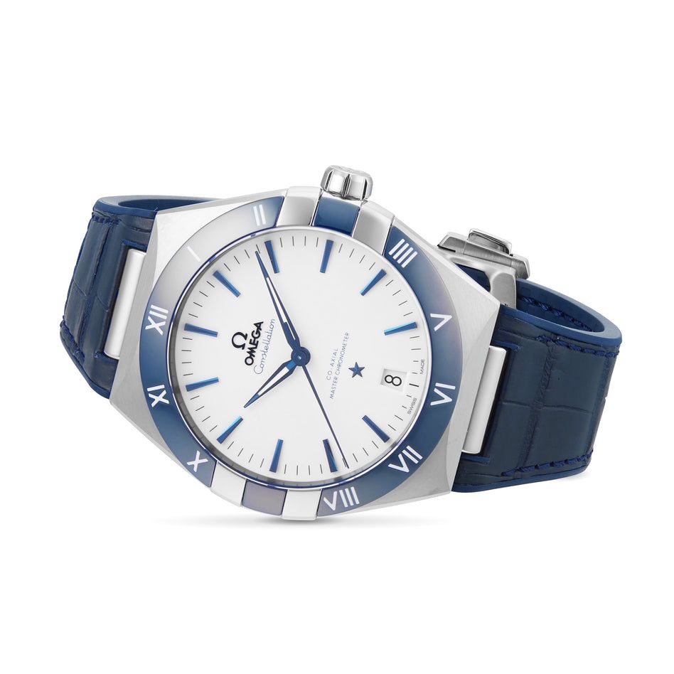 Omega Constellation 41mm Master Quality Watch – White Dial, Blue Ceramic Bezel & Blue Leather Strap