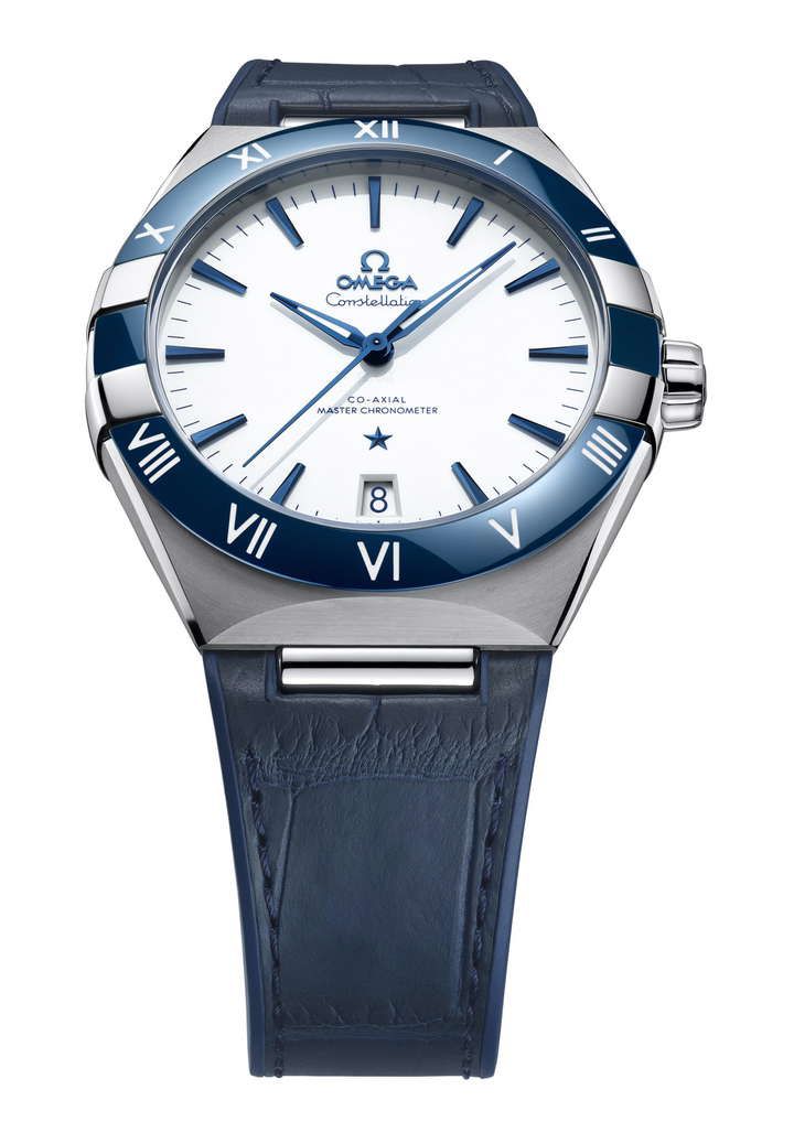 Omega Constellation 41mm Master Quality Watch – White Dial, Blue Ceramic Bezel & Blue Leather Strap