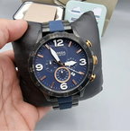 Fossil Nate JR1494 50mm Men’s Chronograph Watch – Blue Dial & Black and Blue-tone Stainless Steel Bracelet