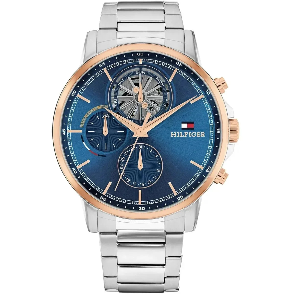 Tommy Hilfiger Signature 1710734 Men's Multi-Function Watch – Blue & Two-Tone Silver and Rose Gold Stainless Steel Bracelet