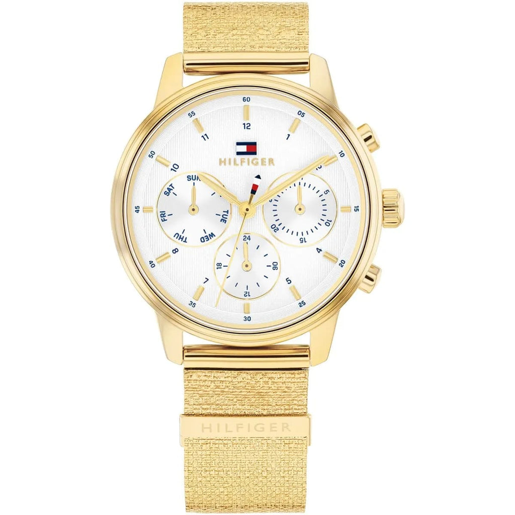 Tommy Hilfiger Signature 1782302 Women's Multi-Function Watch – White & Gold Stainless Steel Mesh Bracelet