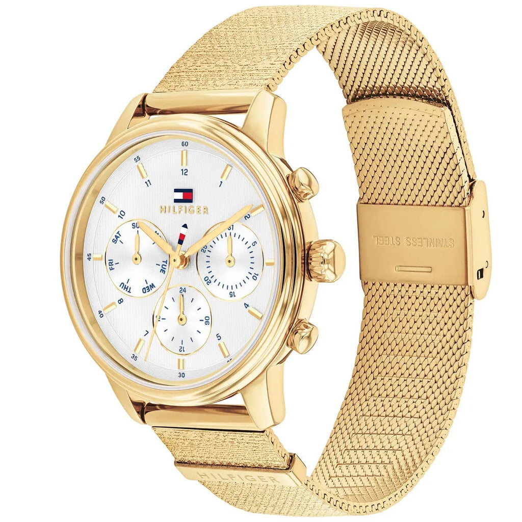 Tommy Hilfiger Signature 1782302 Women's Multi-Function Watch – White & Gold Stainless Steel Mesh Bracelet