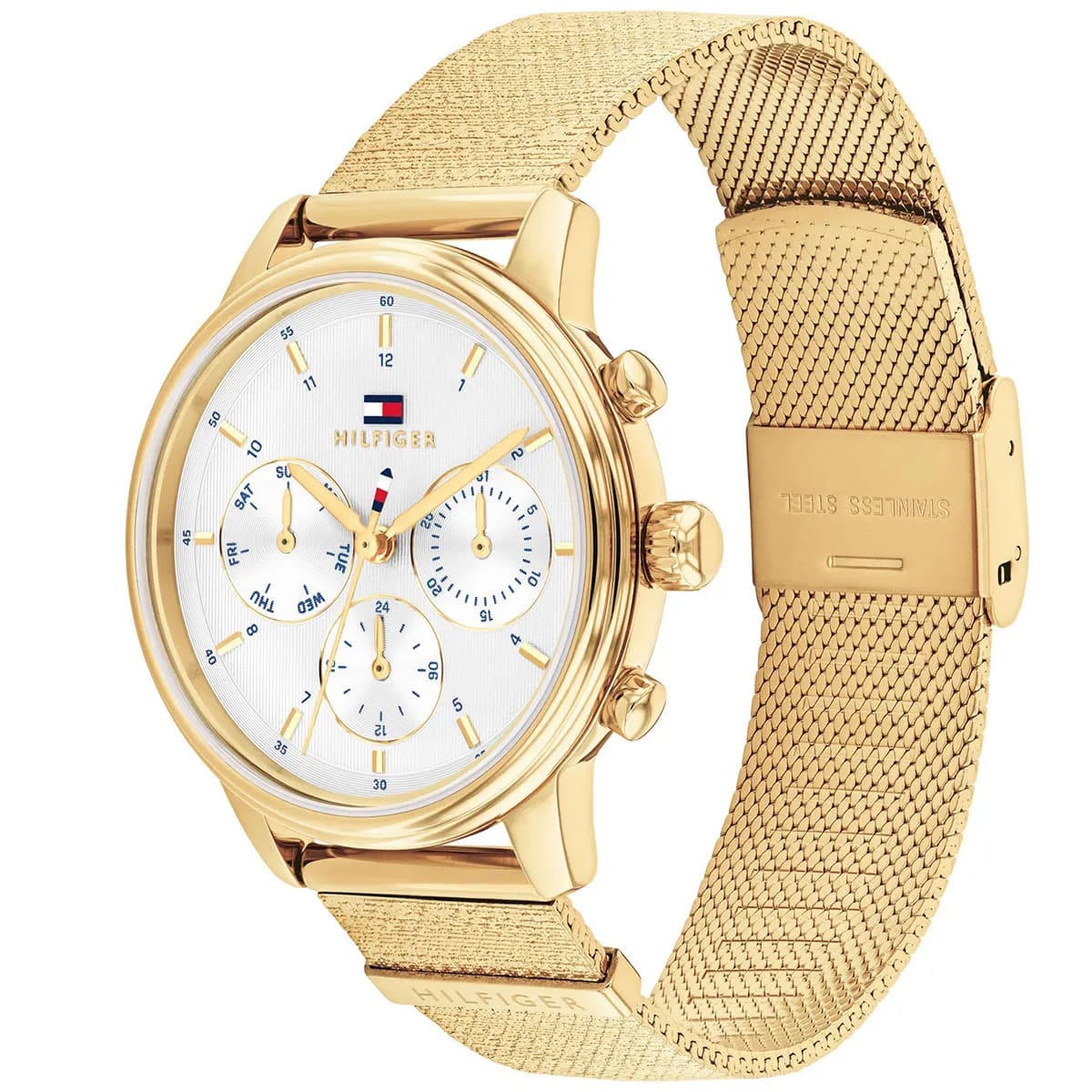 Tommy Hilfiger Signature 1782302 Women's Multi-Function Watch – White & Gold Stainless Steel Mesh Bracelet