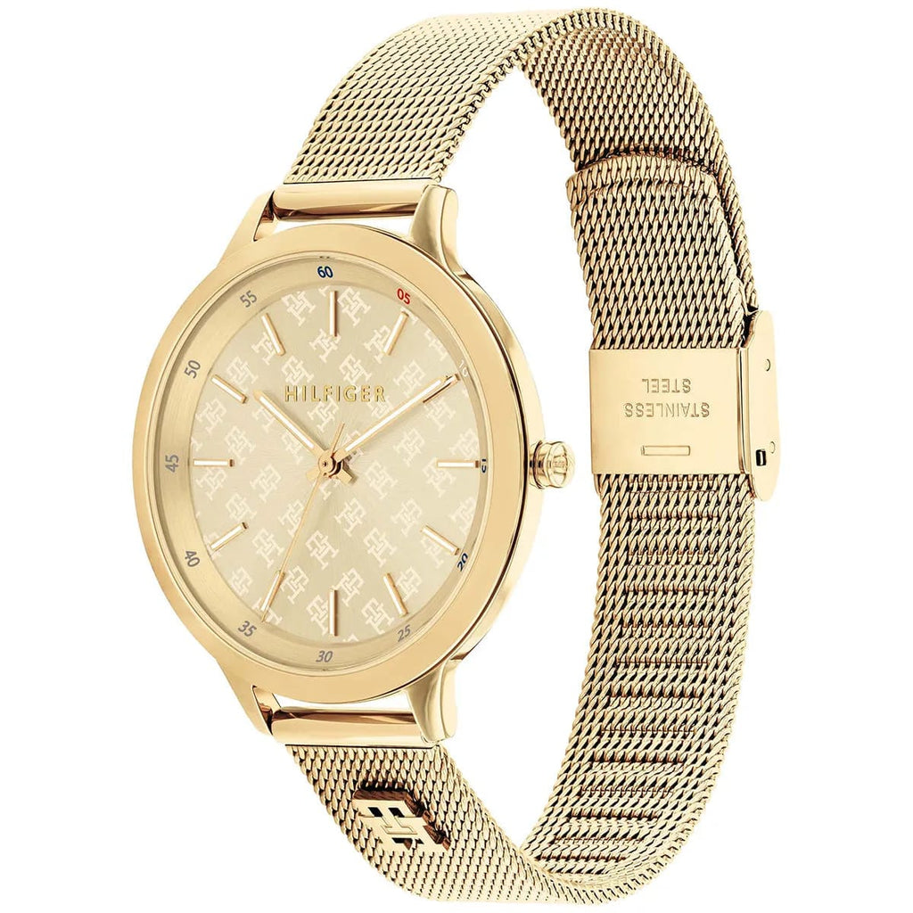 Tommy Hilfiger Signature 1782588 38mm Women's Quartz Watch – Gold Monogram & Gold Stainless Steel Mesh Bracelet
