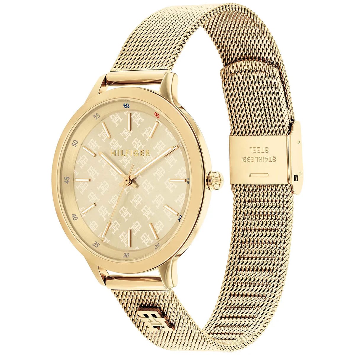 Tommy Hilfiger Signature 1782588 38mm Women's Quartz Watch – Gold Monogram & Gold Stainless Steel Mesh Bracelet