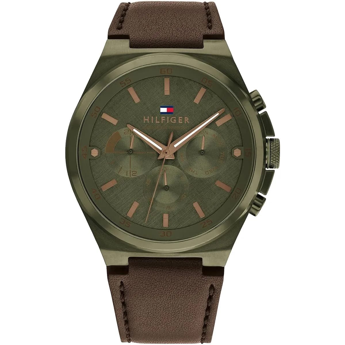 Tommy Hilfiger Signature 1792085 44mm Men's Quartz Watch – Olive Green & Brown Genuine Leather Strap
