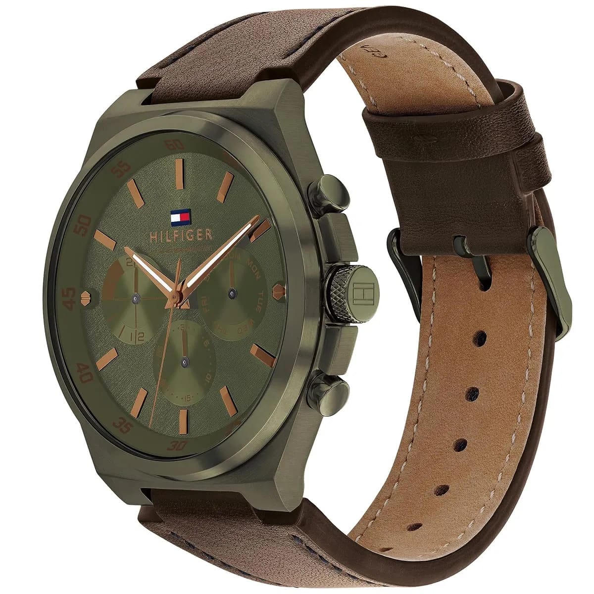 Tommy Hilfiger Signature 1792085 44mm Men's Quartz Watch – Olive Green & Brown Genuine Leather Strap