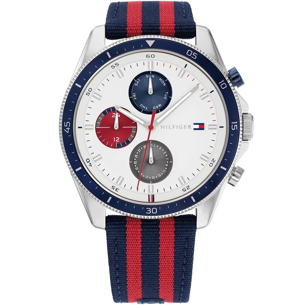 Tommy Hilfiger Signature 1792035 44mm Men's Multi-Function Watch – White & Navy-Red Textile Strap