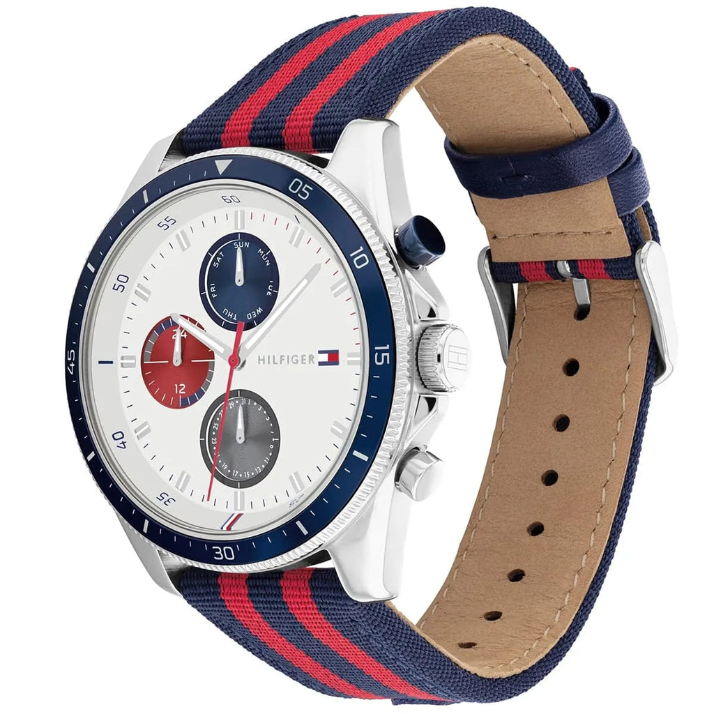 Tommy Hilfiger Signature 1792035 44mm Men's Multi-Function Watch – White & Navy-Red Textile Strap
