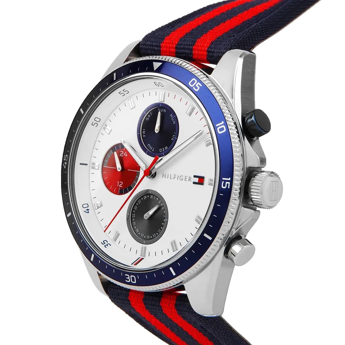 Tommy Hilfiger Signature 1792035 44mm Men's Multi-Function Watch – White & Navy-Red Textile Strap