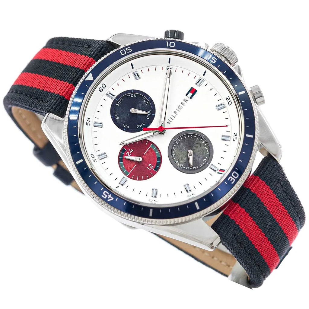 Tommy Hilfiger Signature 1792035 44mm Men's Multi-Function Watch – White & Navy-Red Textile Strap