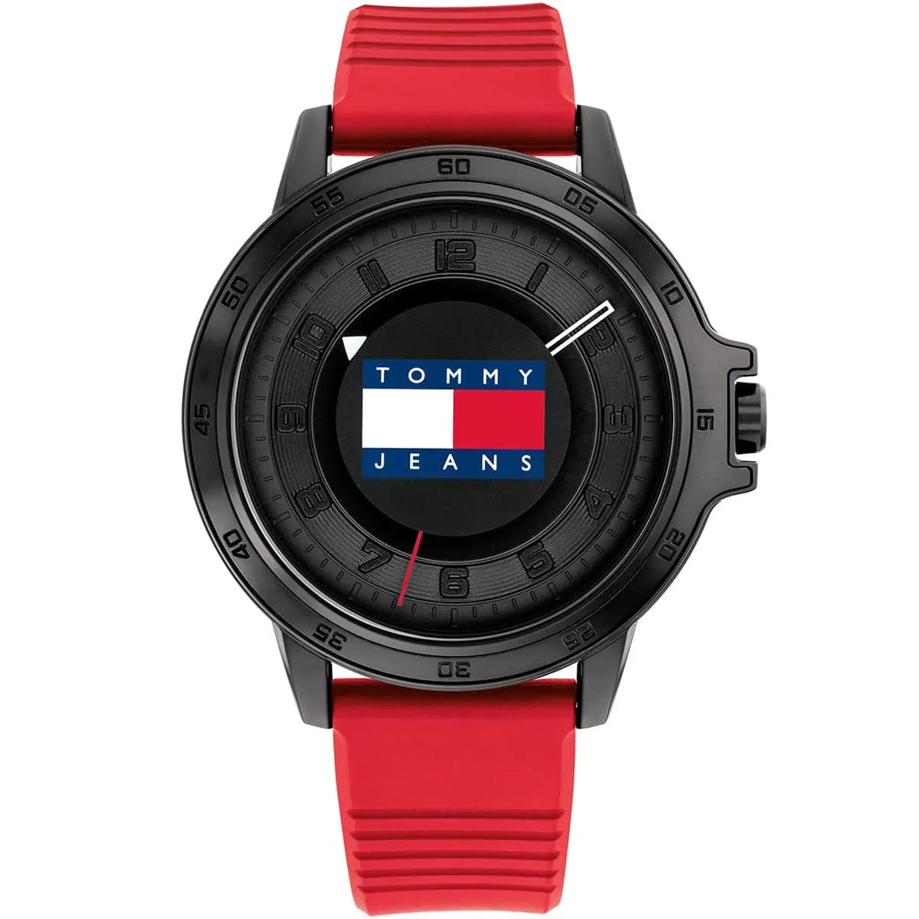 Tommy Hilfiger Houston 1792033 44mm Men's Quartz Watch – Black & Red Silicone Strap