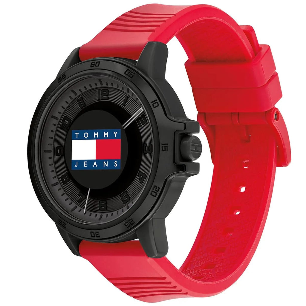 Tommy Hilfiger Houston 1792033 44mm Men's Quartz Watch – Black & Red Silicone Strap