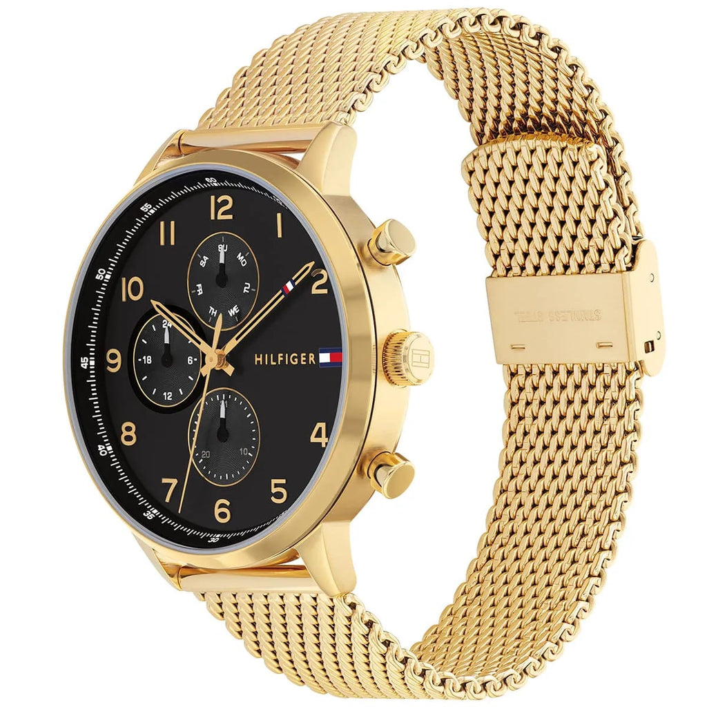 Tommy Hilfiger Leonard 1791989 44mm Men's Multi-Function Watch – Gold & Gold Stainless Steel Mesh Bracelet