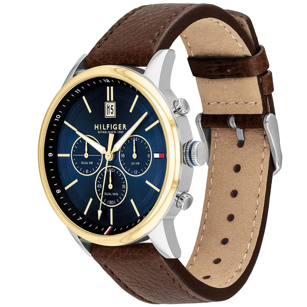 Tommy Hilfiger Kyle 1791980 44mm Men's Multi-Function Watch – Blue & Brown Genuine Leather Strap