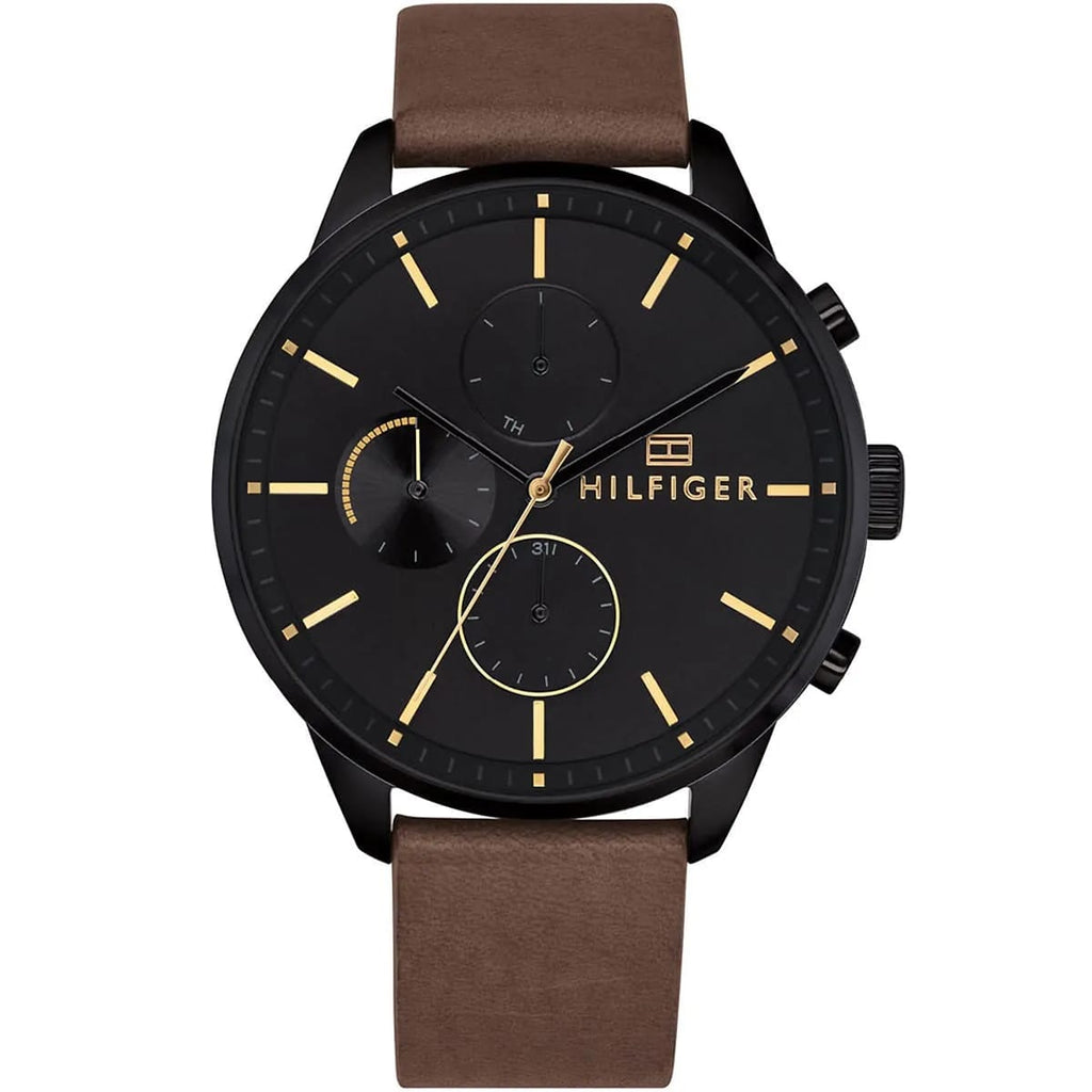 Tommy Hilfiger Chase 1791977 44mm Men's Multi-Function Watch – Black & Brown Genuine Leather Strap