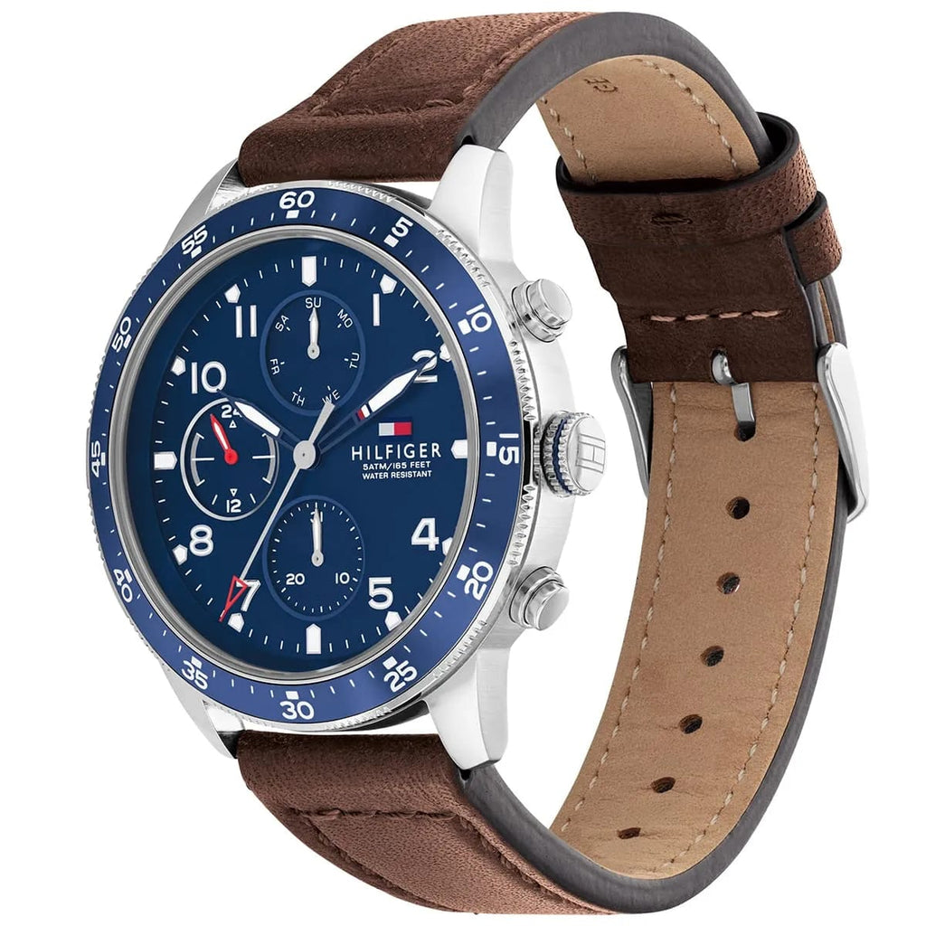 Tommy Hilfiger Jimmy 1791946 46mm Men's Multi-Function Watch – Blue & Brown Genuine Leather Strap