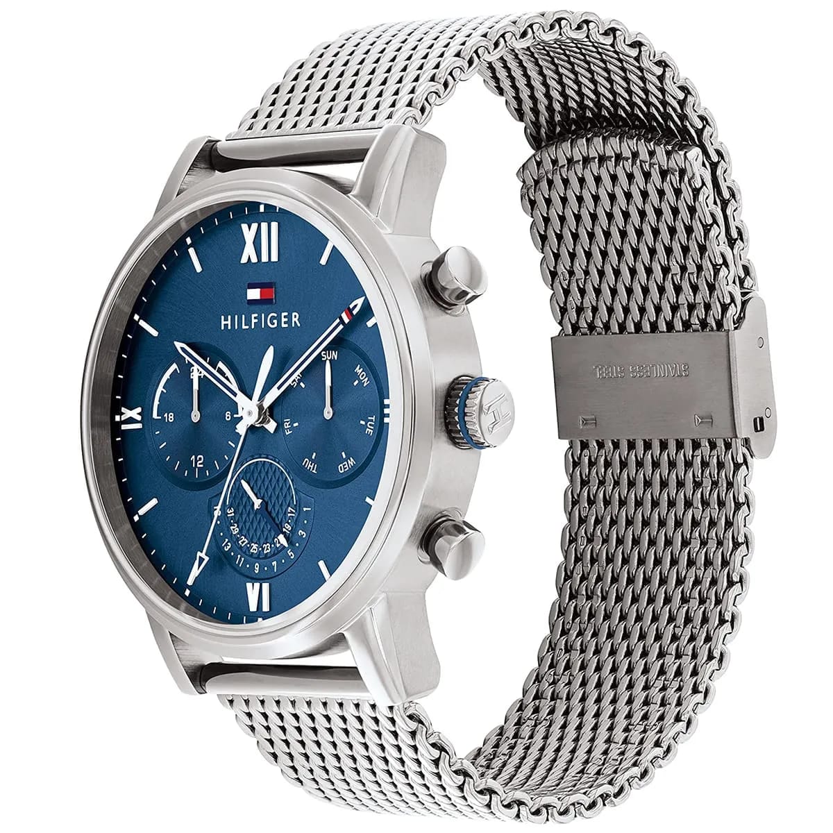 Tommy Hilfiger Sullivan 1791881 44mm Men's Multi-Function Watch – Blue & Silver Stainless Steel Mesh Bracelet