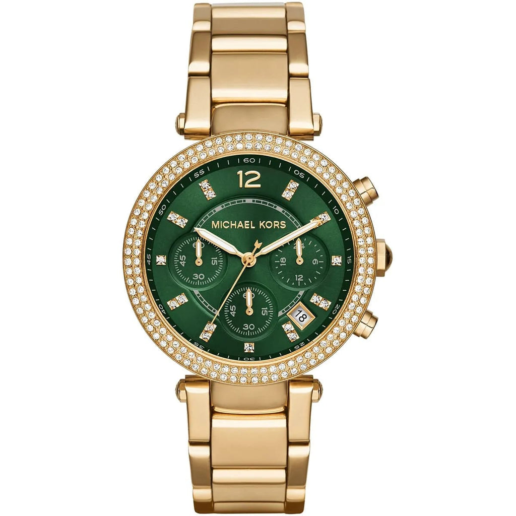 Michael Kors Parker MK6263 39mm Women's Chronograph Watch – Green with Gold Stainless Steel Bracelet
