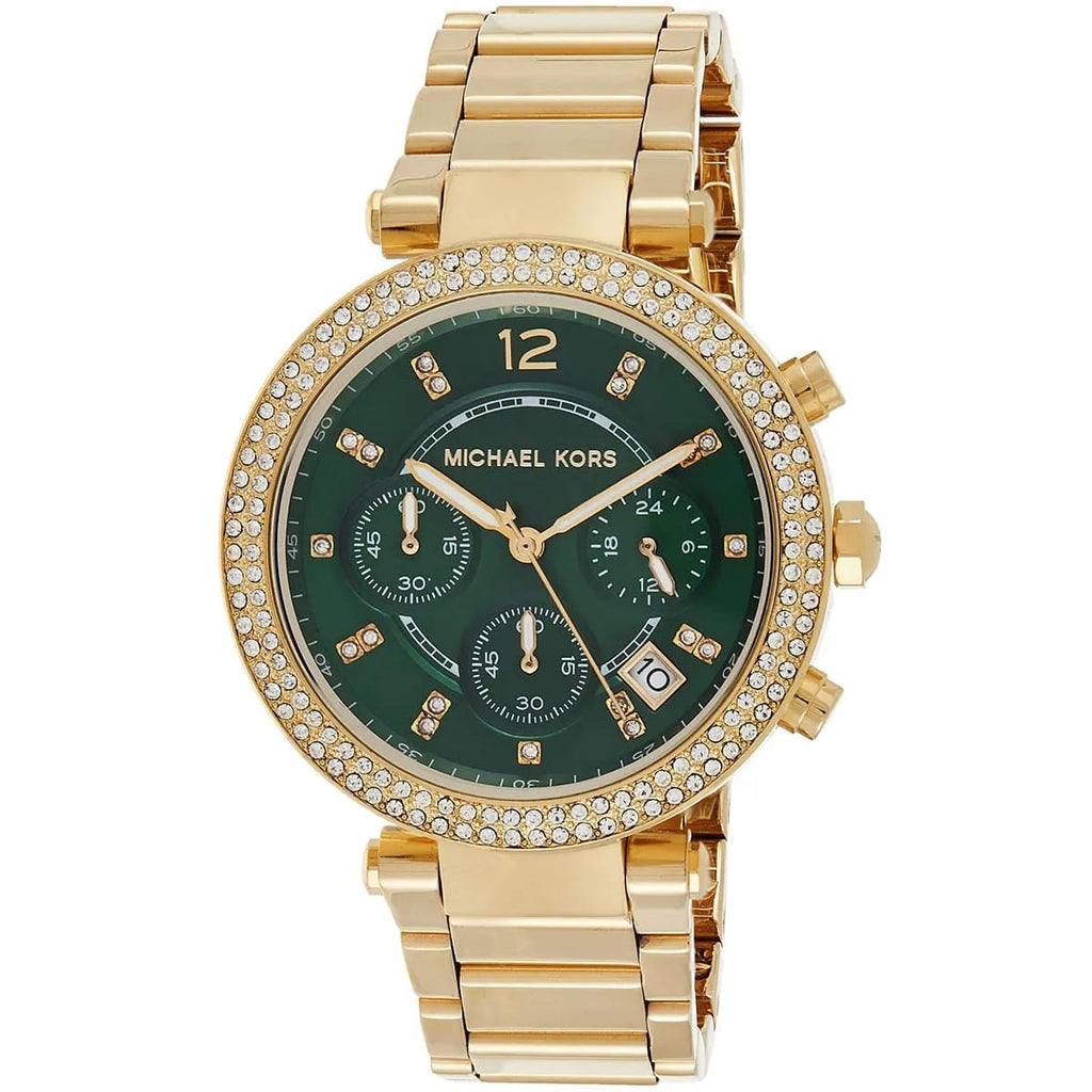 Michael Kors Parker MK6263 39mm Women's Chronograph Watch – Green with Gold Stainless Steel Bracelet