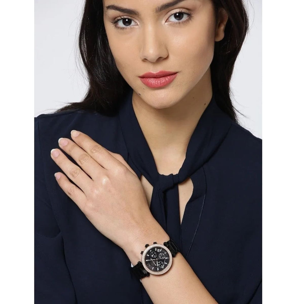 Michael Kors Parker MK5885 39mm Women's Chronograph Watch – Black with Black Stainless Steel Bracelet
