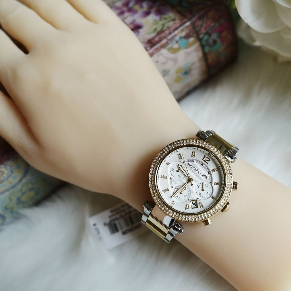 Michael Kors Parker MK5626 39mm Women's Chronograph Watch – White with Two-Tone Stainless Steel Bracelet