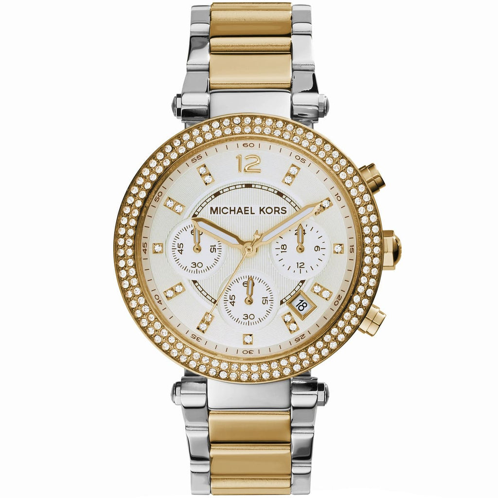Michael Kors Parker MK5626 39mm Women's Chronograph Watch – White with Two-Tone Stainless Steel Bracelet