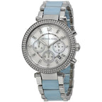 Michael Kors Parker MK6138 39mm Women's Chronograph Watch – Mother Of Pearl with Blue Acetate and Stainless Steel Bracelet