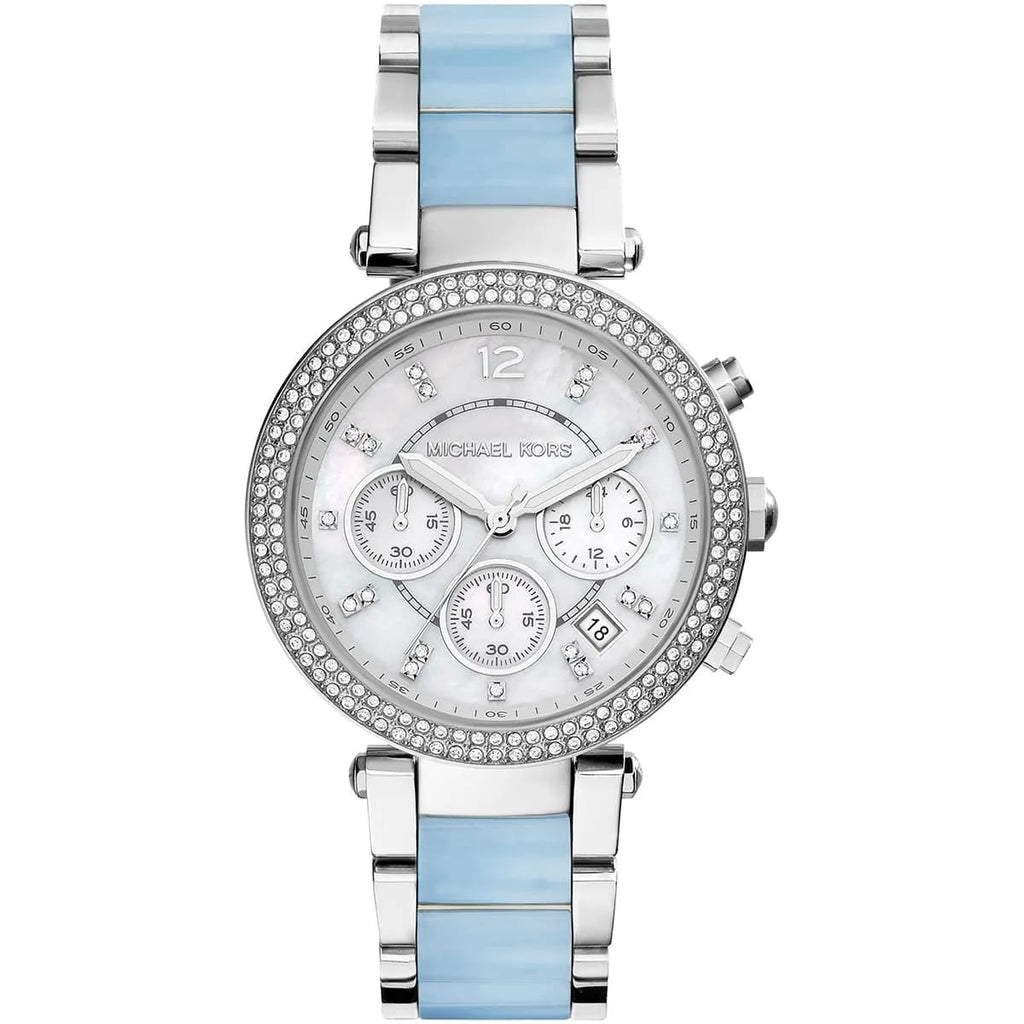 Michael Kors Parker MK6138 39mm Women's Chronograph Watch – Mother Of Pearl with Blue Acetate and Stainless Steel Bracelet