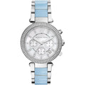 Michael Kors Parker MK6138 39mm Women's Chronograph Watch – Mother Of Pearl with Blue Acetate and Stainless Steel Bracelet