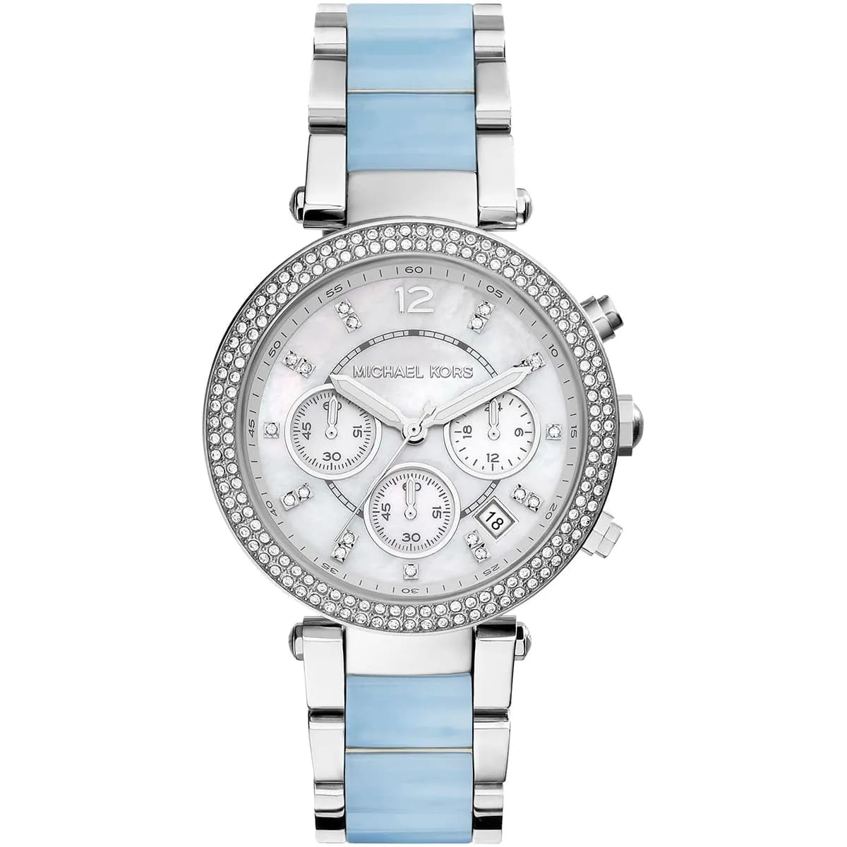 Michael Kors Parker MK6138 39mm Women's Chronograph Watch – Mother Of Pearl with Blue Acetate and Stainless Steel Bracelet