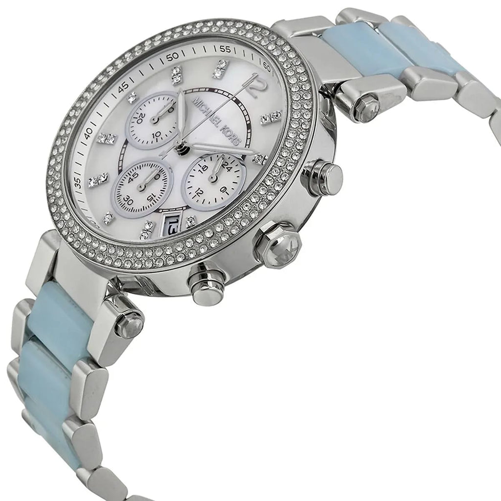 Michael Kors Parker MK6138 39mm Women's Chronograph Watch – Mother Of Pearl with Blue Acetate and Stainless Steel Bracelet