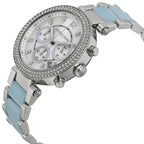 Michael Kors Parker MK6138 39mm Women's Chronograph Watch – Mother Of Pearl with Blue Acetate and Stainless Steel Bracelet