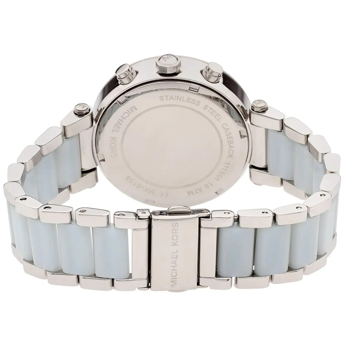 Michael Kors Parker MK6138 39mm Women's Chronograph Watch – Mother Of Pearl with Blue Acetate and Stainless Steel Bracelet
