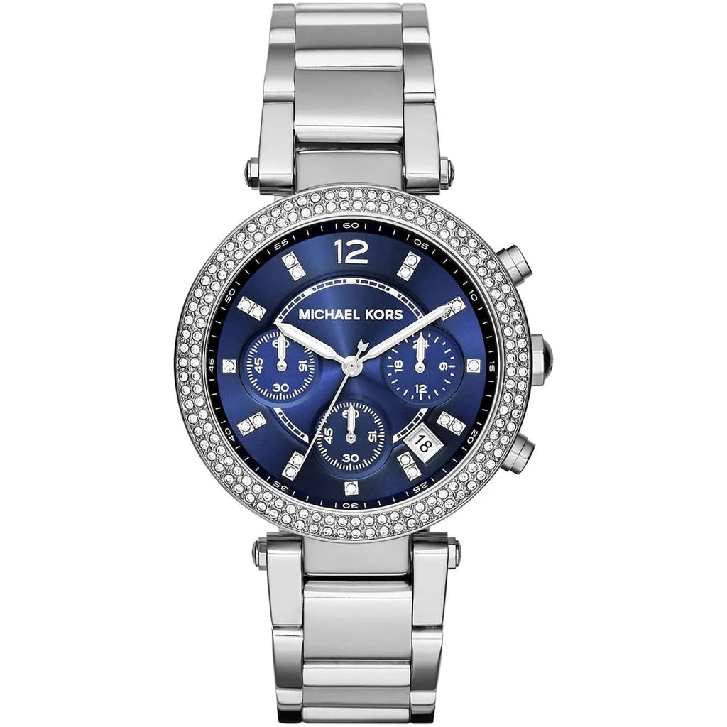Michael Kors Parker MK6117 39mm Women's Chronograph Watch – Blue with Silver Stainless Steel Bracelet