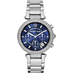 Michael Kors Parker MK6117 39mm Women's Chronograph Watch – Blue with Silver Stainless Steel Bracelet