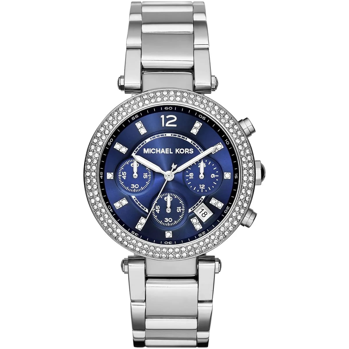 Michael Kors Parker MK6117 39mm Women's Chronograph Watch – Blue with Silver Stainless Steel Bracelet