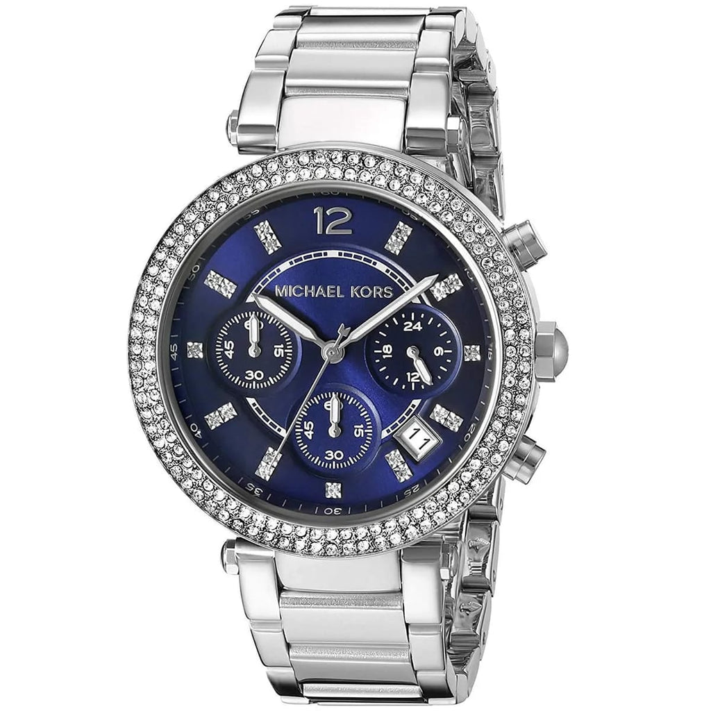 Michael Kors Parker MK6117 39mm Women's Chronograph Watch – Blue with Silver Stainless Steel Bracelet