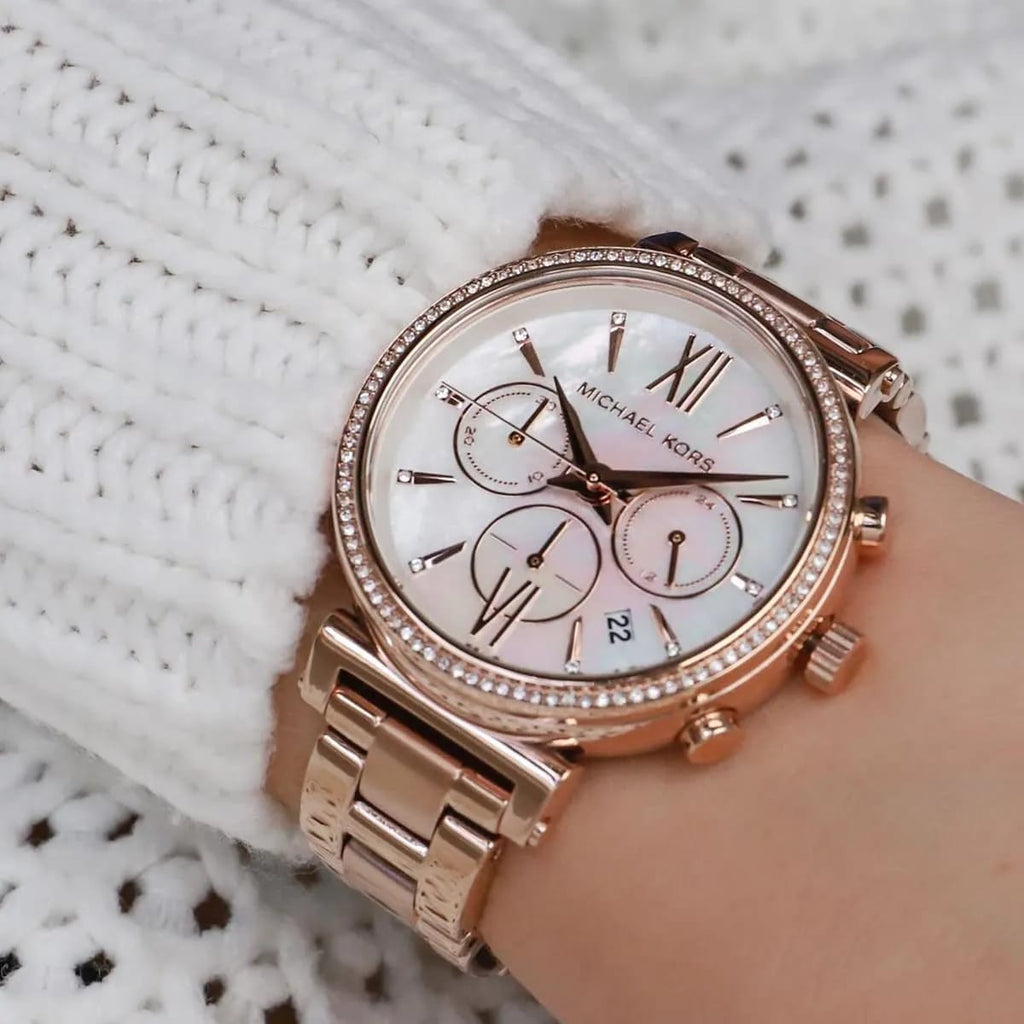 Michael Kors Sofie MK6576 39mm Women's Chronograph Watch – Mother Of Pearl with Rose Gold Stainless Steel Bracelet